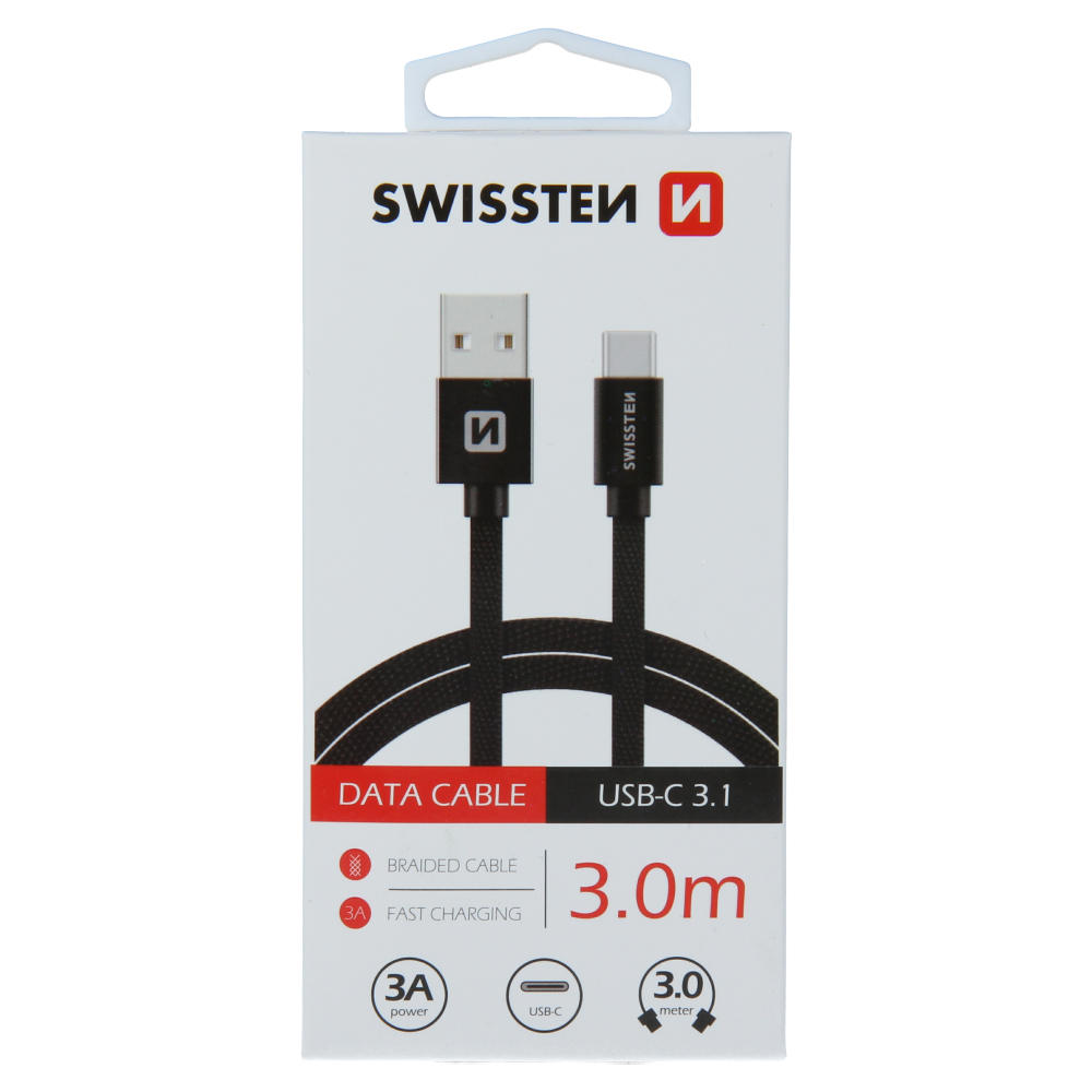 Swissten – Textile Cable USB – USB-C (3m-black)