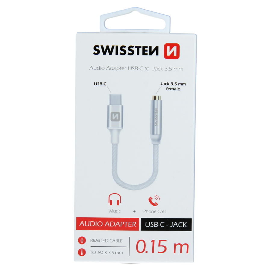 Swissten – Textile Adapter USB-C to mini-jack (15cm-white)