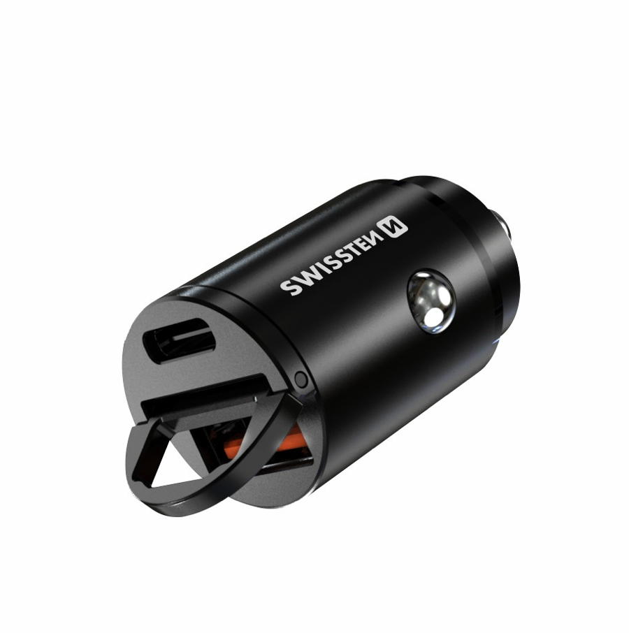 Swissten – Carregador de Isqueiro para Carro Nano usb-c + usb 30W Preto